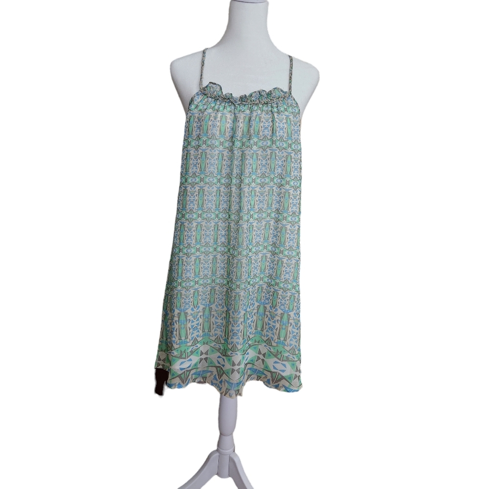 Club Monaco Green Blue Aztec Print Silk Slip Tank Dress Sz. 00 XS